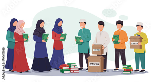 Muslim People Group Giving Books In A Flat Illustration Style With Boxes And Green Pile