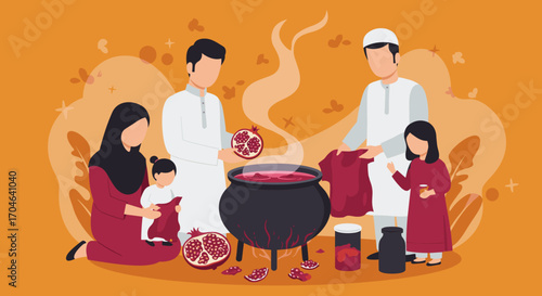 Family cooking and gathering around a pot with pomegranates on orange background in flat illustration style