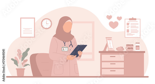 Female Doctor in Pink Hijab Holding a Digital Tablet in a Medical Clinic Office
