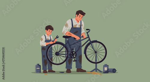 Father and Son Working Together Repairing a Bicycle with Tools in a Flat Pixelated Illustration with Green Background