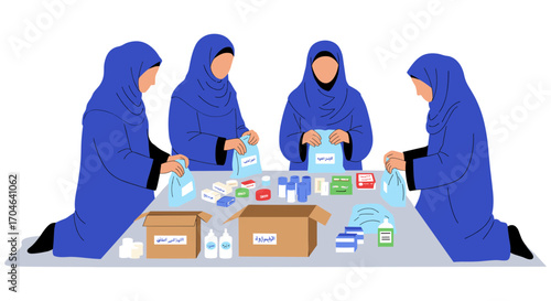 Four Women Wearing Blue Clothing Packaging Donations on a Table with Boxes of Supplies