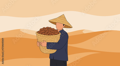 Flat Illustration Of Asian Farmer Carrying Basket Of Harvest In Front Of Field And Mountains