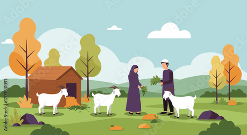 Flat Illustration Of Muslim Couple With Goats Near Barn On Green Field Under Cloudy Sky