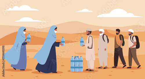 People Providing Water Bottles To Those In Need In A Desert Environment With Pixel Art Illustration Style