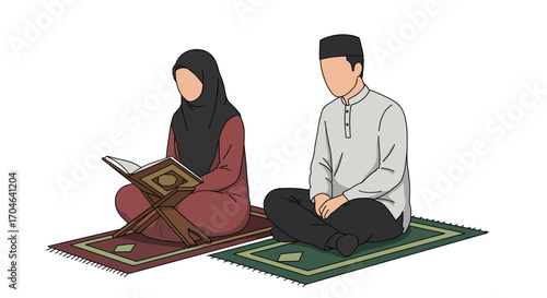 Muslim Couple Praying Reading Quran on Prayer Rugs in a Flat Illustration Style with White Background
