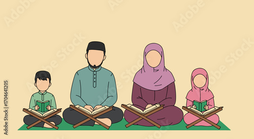 Muslim Family Reading Quran Together Sitting On Green Mat with Beige Background Flat Illustration