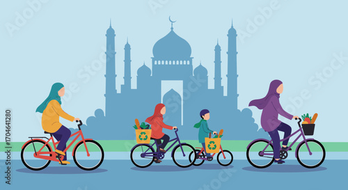 Pixelated Family Cycling Near Mosque Silhouette During Evening with Shopping Baskets and Recycle Sign Illustration