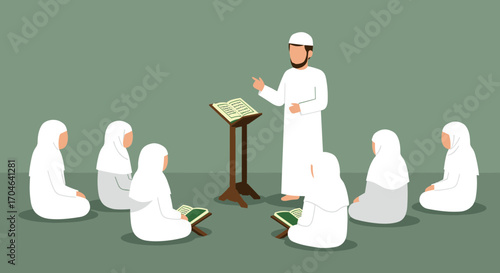 Flat Illustration of a Muslim Teacher Teaching Students Dressed in White Sitting on the Floor in Front of Book Stands on a Green Background