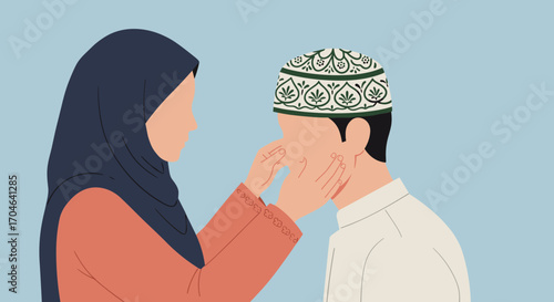 Flat Illustration Of Muslim Couple Man And Woman In Religious Attire Showing Affection With Blue Background
