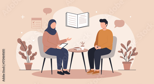 Two People Sitting Facing Each Other Having A Consultation In A Modern Flat Illustration With Brown Beige Tones