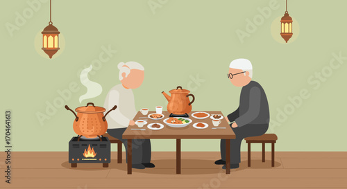 Flat Pixel Illustration Of Two Elderly People Dining At A Restaurant With Traditional Asian Food