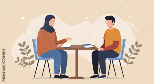 Flat Illustration of Two People Sitting at a Table Having a Business Meeting Wearing Casual Attire on a Neutral Background