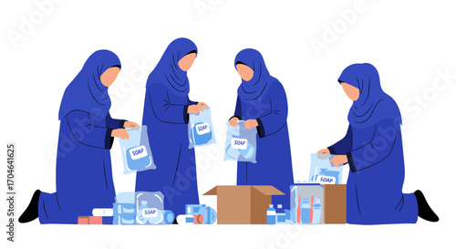 Four Women in Blue Uniforms Packing Items Into Boxes in a White Background Flat Illustration