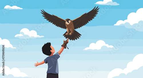 Pixelated Illustration Of A Boy Interacting With A Brown Falcon Against A Blue Sky Filled With White Clouds