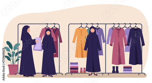 Flat Illustration Of Women Shopping For Dresses In A Clothing Store With Colorful Garments On Racks And Plants