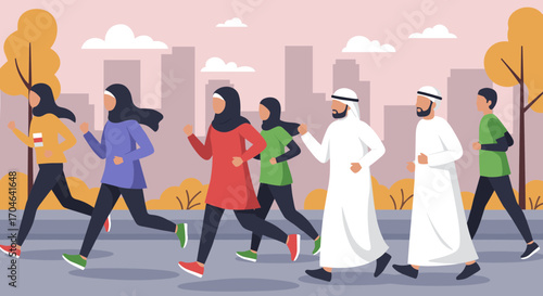 Group Of People Running In City Park Wearing Colorful Casual Outfits Pixelated Flat Illustration