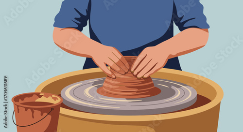 Person Shaping Clay Pot On Pottery Wheel In Brown And Blue Tones Against Light Blue Background