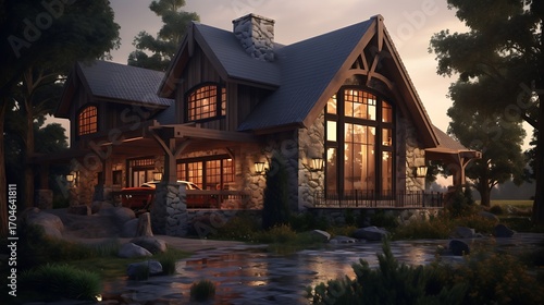 Elegant stone home in serene nature setting with river reflecting twilight glow enhances luxury