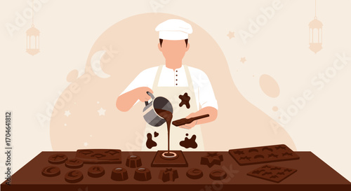 Chef in White Uniform Pouring Chocolate on Table Making Various Chocolate Shapes Illustration