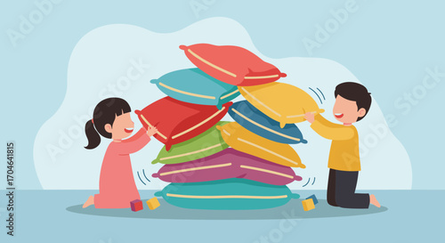 Pixelated Children Stacking Colorful Pillows With Blue Background in Playful Indoor Scene