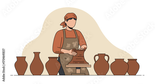 Artisan Shaping Clay On A Pottery Wheel With Brown Ceramic Vases Displayed Flat Illustration