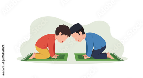 Two Boys Kneeling On Prayer Rugs in Flat Illustration Praying for Belief and Respect