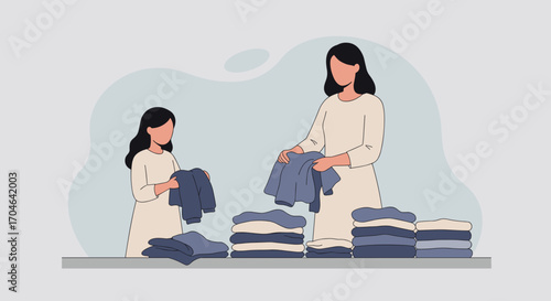 Flat Illustration Of A Mother And Daughter Folding Clothes At Home With Stacked Garments And Neutral Color Scheme