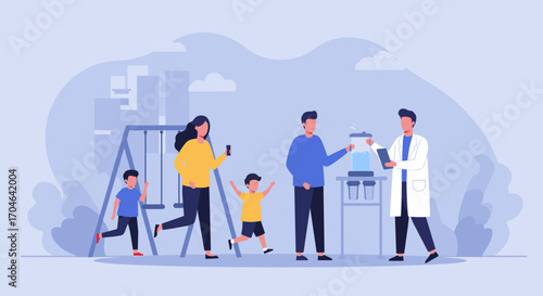 Flat Illustration Of Family Outdoor Scene At Park With Children And Doctor In Blue And Yellow Tones