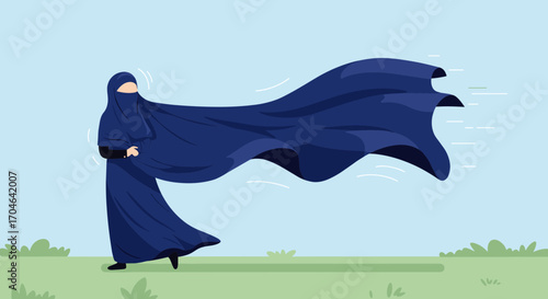 Pixelated Illustration Of A Woman In A Blue Burqa Standing In The Wind Against A Blue Sky