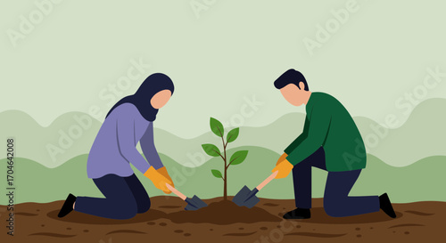 People Planting Tree In The Garden With Green Background Flat Illustration