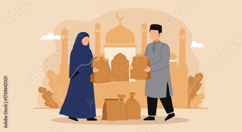 Flat Illustration Of Muslim Man And Woman Giving Charity With Brown Paper Bags Against A Mosque Background