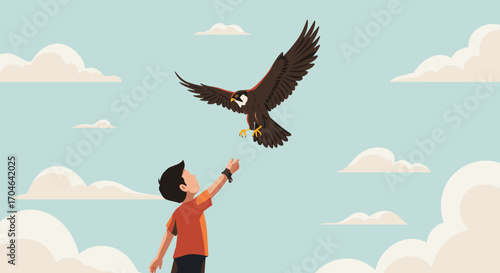 Pixelated Illustration of a Young Boy Reaching Up to a Brown Falcon in a Blue Sky with White Clouds