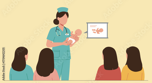 Flat Illustration of a Nurse Presenting a Newborn Baby to a Group of Women in a Healthcare Setting with a Projector Screen