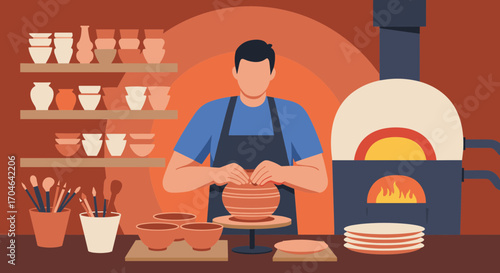 Artisan Working With Clay Shaping Pottery Near Kiln With Shelves Displaying Ceramic Vessels and Workshop Equipment