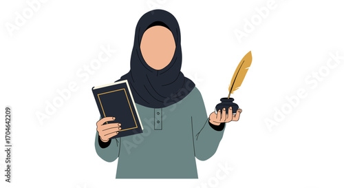 Flat Illustration Of Woman Holding Book And Ink With Feather on White Background