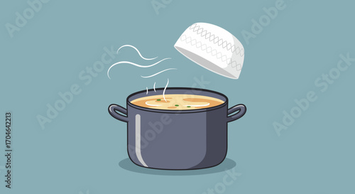 Pixelated Illustration Of A Cooking Pot With Soup And Rising Rice On A Solid Light Blue Backdrop