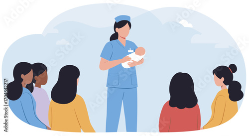 Flat Illustration Of Nurse Holding Newborn Baby And Talking To Group Of Women