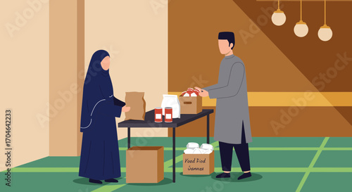 Flat Illustration of a Man Giving Donations to a Woman Inside a Building with Brown and Beige Walls