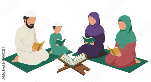 Pixel Art Muslim Family Reading Holy Book Together on Green Mats with Blue Background