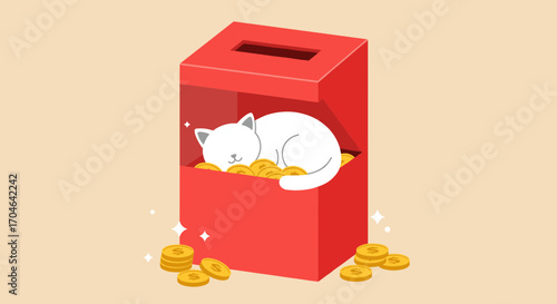 Sleeping White Cat in a Red Pixelated Box Filled With Gold Coins on Beige Background