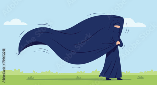 Pixelated Silhouette Of A Woman In A Blue Burqa Standing In A Field On A Sunny Day With Blue Sky And Blowing Fabric