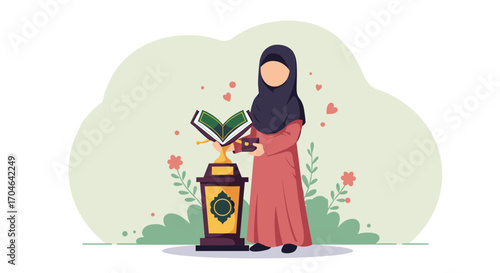Flat Illustration Of A Muslim Woman Reading A Book With Green And Pink Floral Design and Brown Dress