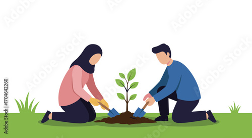 Couple Planting Young Tree In Garden With Shovels On Green Grass Background Illustration