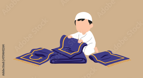 Muslim Child Kneeling Beside Blue Prayer Mats On A Beige Background Flat Illustration