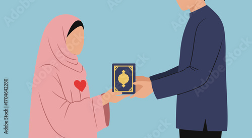 Flat Illustration Of Man Presenting Quran To Woman In Pink Hijab And Blue Background