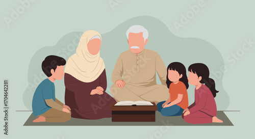 Family Gathering Flat Illustration with Children and Grandparents Sitting Around a Book on the Floor in a Green Background