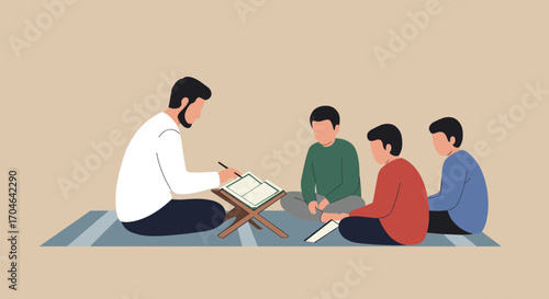 Group Of Children And A Man Reading A Book Together On A Mat In A Flat Illustration