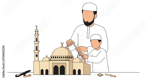 Flat Pixelated Illustration Of Father And Son With Beige Mosque Building and Minaret on White Background