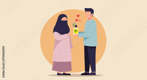 Husband Presenting Gift To Wife With Heart Symbols In Flat Style Illustration With Soft Colors