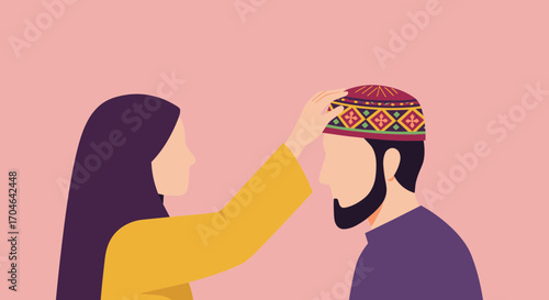 Flat Illustration of Woman Placing Hat on a Man's Head on Pink Background